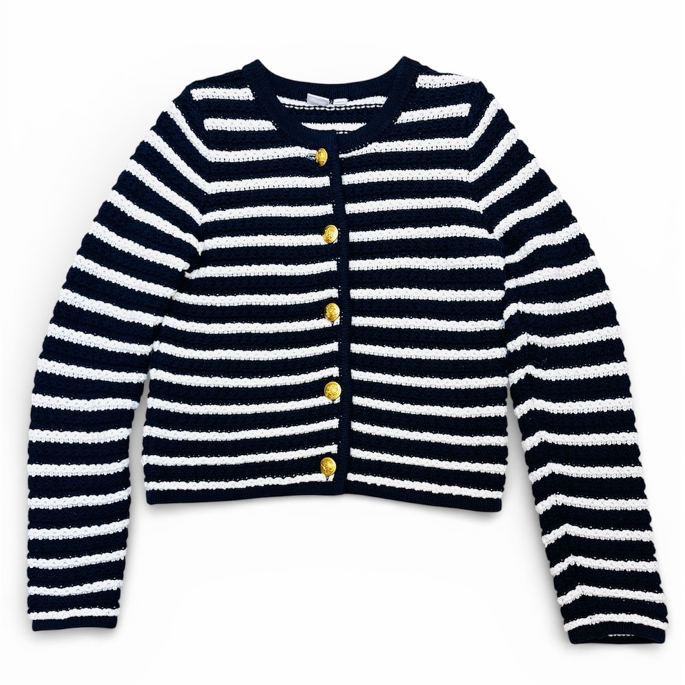 GAP Lady Jacket Textured Cardigan Sweater Size S Navy Stripe Old Money Classic